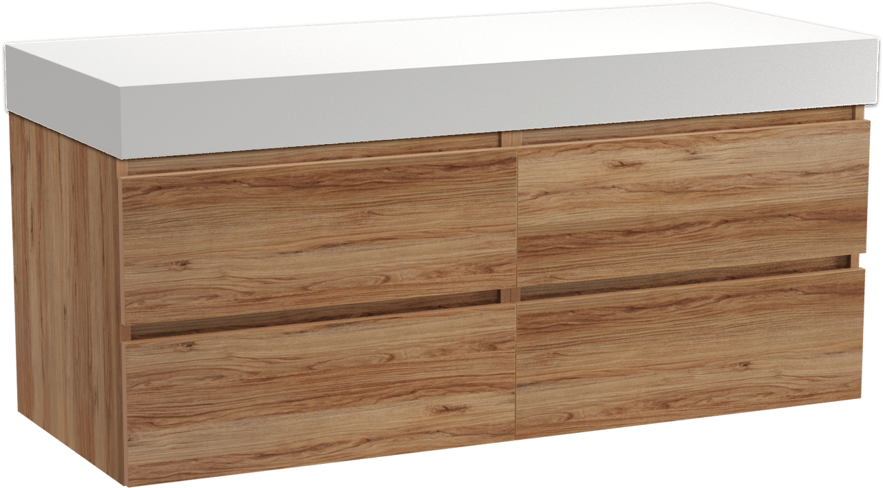Balmani Lucida meuble salle de bains suspendu 135 x 55 cm teck avec Dominus tablette simple ou double en solid surface blanc mat