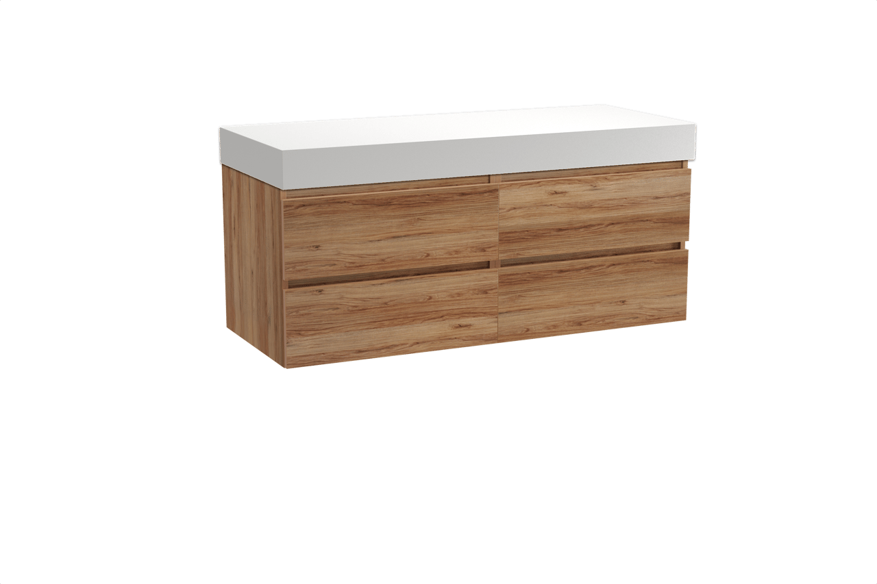 Balmani Lucida hängendes Möbelstück Set: 135 x 55 cm, Teak, mit Dominus Einzel- oder Doppel Waschtischplatte, Solid Surface Weiß matt