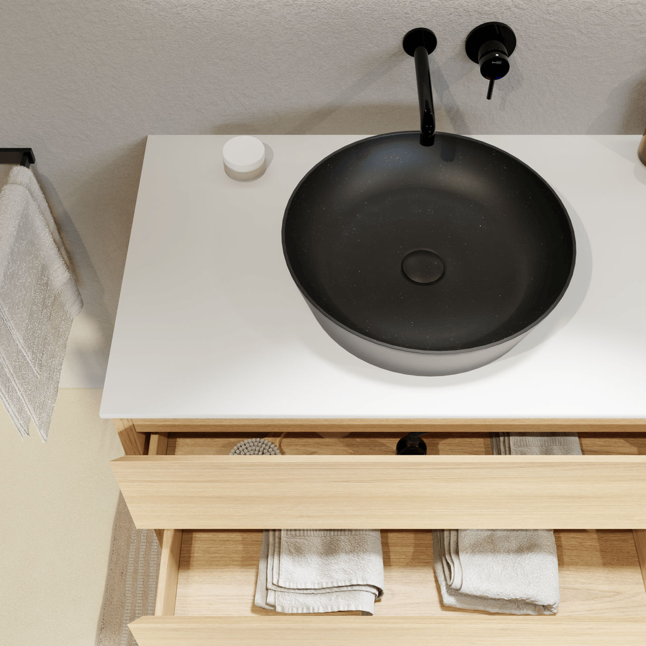 Balmani Mitra zwevend badkamermeubel 135 x 55 cm natuur eik met Stretto enkel of dubbel tablet in solid surface mat wit