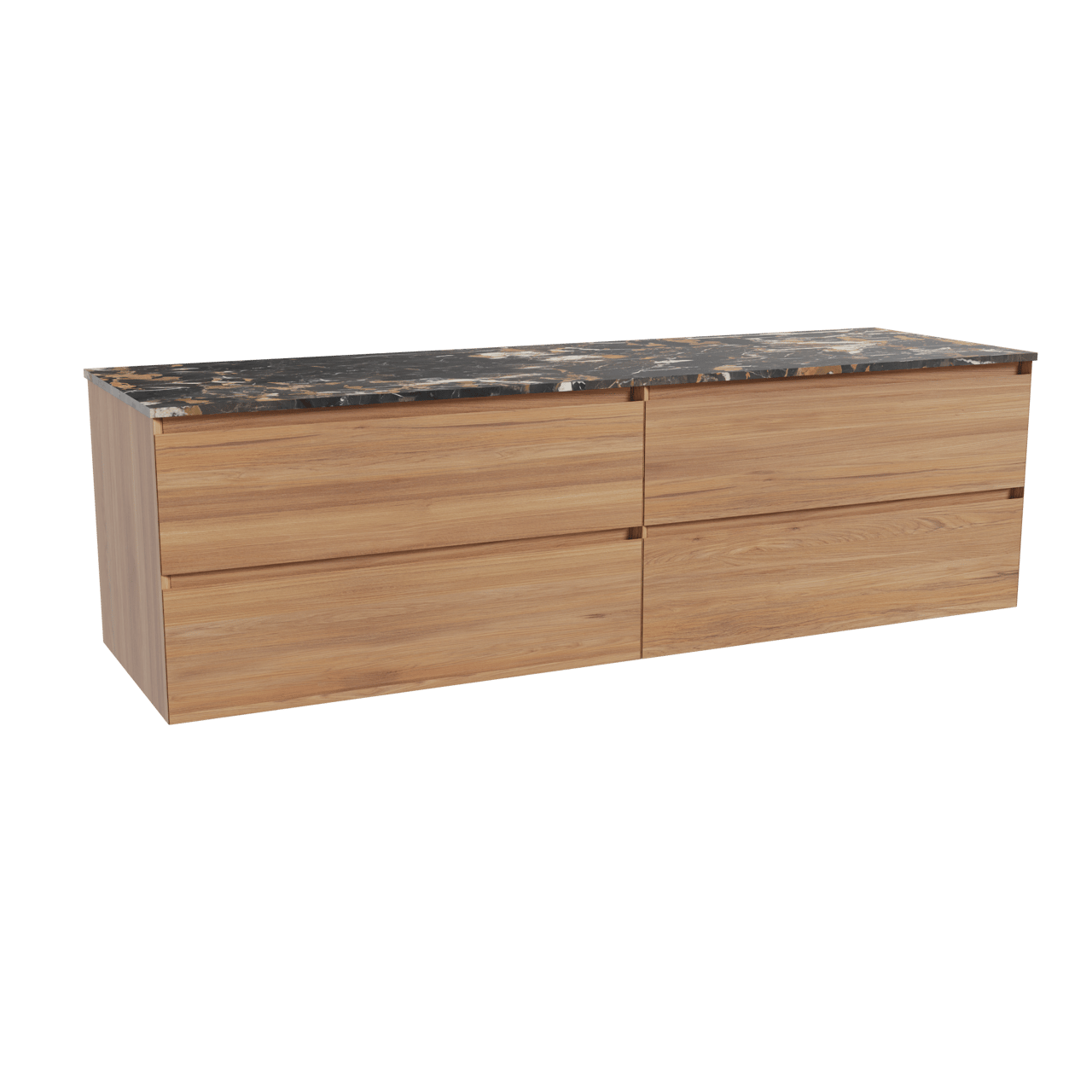 Balmani Mitra hängendes Möbelstück Set: 180 x 55 cm, Teak, mit Stretto Einzel- oder Doppel Waschtischplatte, Marmor Portoro Gold