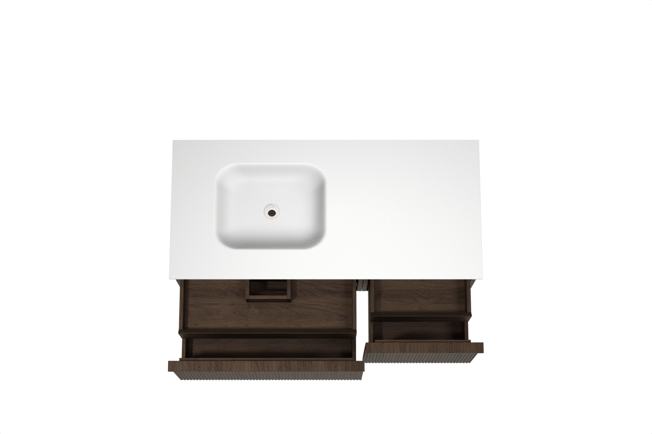 Balmani Forma hängendes Möbelstück Set: 120 x 55 cm, Geräucherte Eiche, mit Tablo Arcato Waschtisch links, Solid Surface, Weiß matt, Vertikale symmetrische gerade Rippe