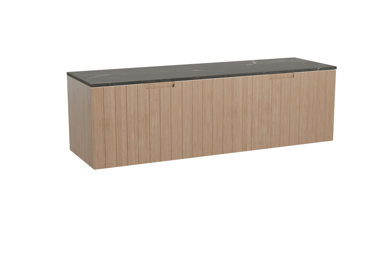 Balmani Adagio zwevend badmeubel 180 x 55 cm verweerd eiken met Stretto enkel of dubbel wastafelblad in marmer pietra grey