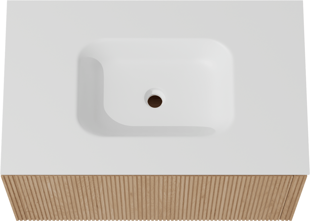 Balmani Eclips hängendes Möbelstück Set: 90 x 55 cm, Eiche Natur, mit Tablo Arcato Einzelwaschtisch Solid Surface Weiβ matt, Vertikale symmetrische gerade Rippe