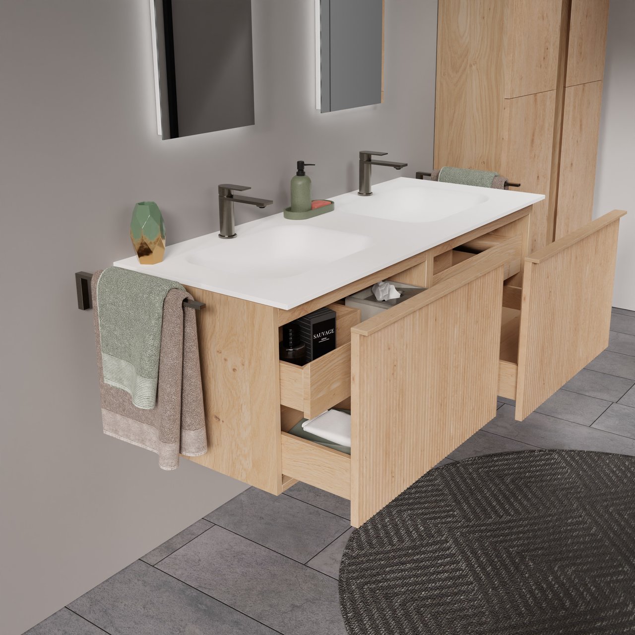 Balmani Forma zwevend badkamermeubel 135 x 55 cm natuur eik met Tablo Arcato dubbele wastafel in solid surface mat wit, Verticale symmetrische rechte ribbel