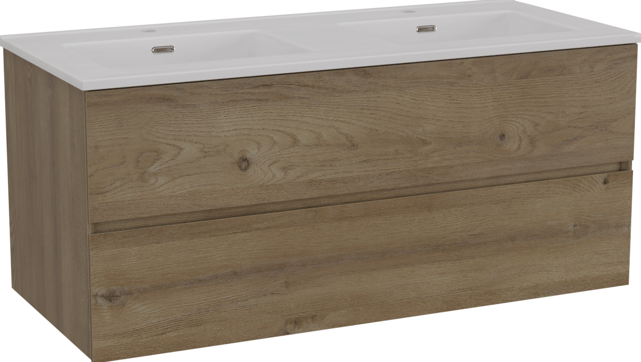 Storke Edge meuble salle de bains suspendu 120 x 52 cm chêne brut avec Kera double vasque en céramique blanc mat