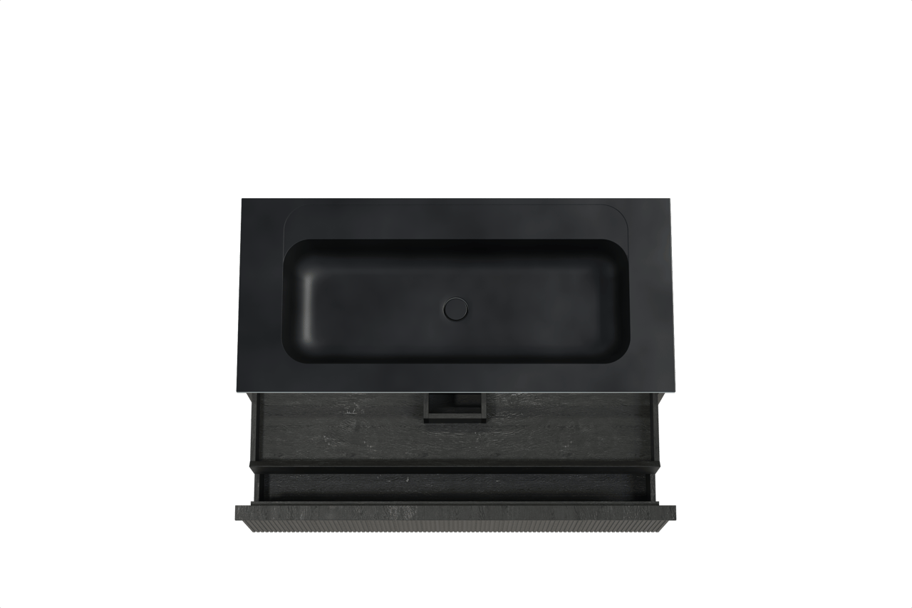 Balmani Forma meuble salle de bains suspendu 120 x 55 cm chêne noir avec Tablo Strada plan simple pour 2 trous de robinet en marbre composite noir mat, Nervure droite symétrique verticale