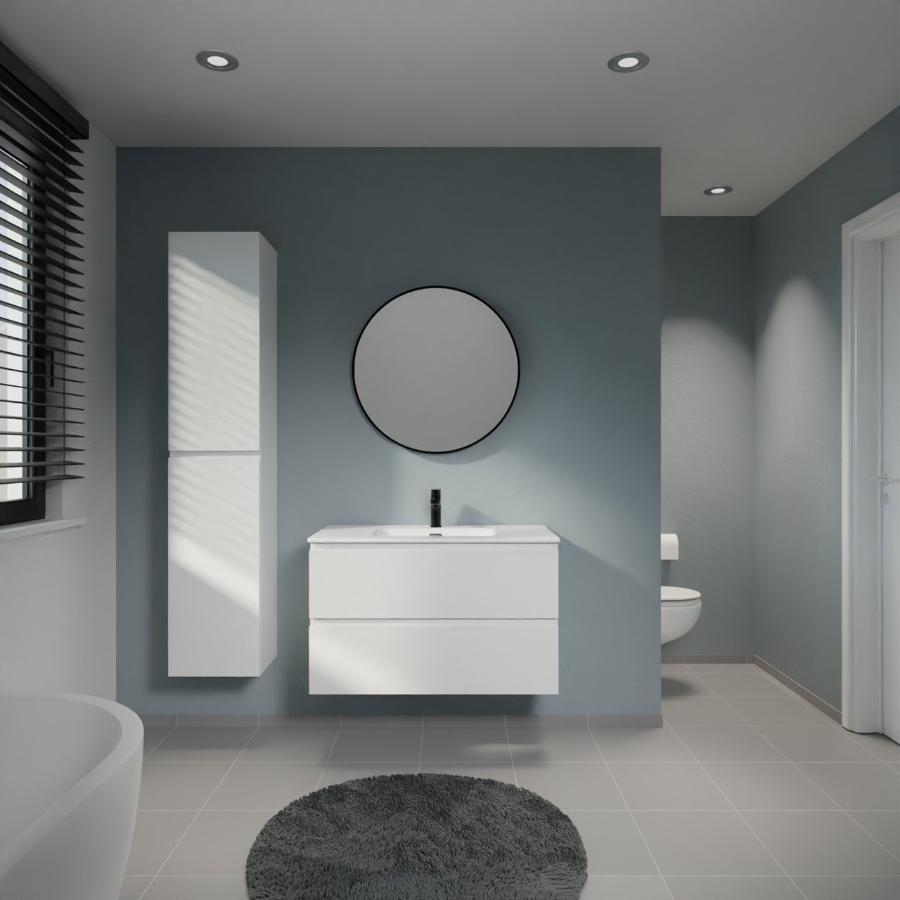 Linie Lado meuble salle de bains suspendu 90 x 46 cm blanc brillant avec Baro plan simple en porcelaine blanc brillant