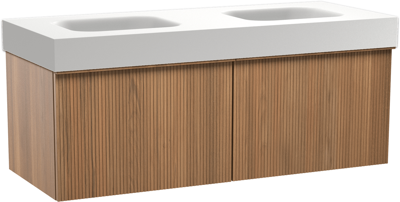 Balmani Forma zwevend badkamermeubel 135 x 55 cm teak met Arcato dubbele wastafel in solid surface mat wit, Verticale symmetrische rechte ribbel