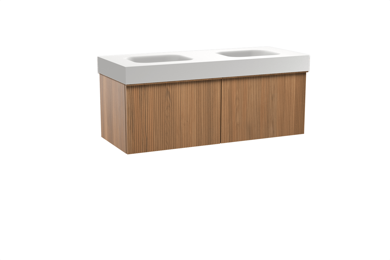 Balmani Forma zwevend badkamermeubel 135 x 55 cm teak met Arcato dubbele wastafel in solid surface mat wit, Verticale symmetrische rechte ribbel