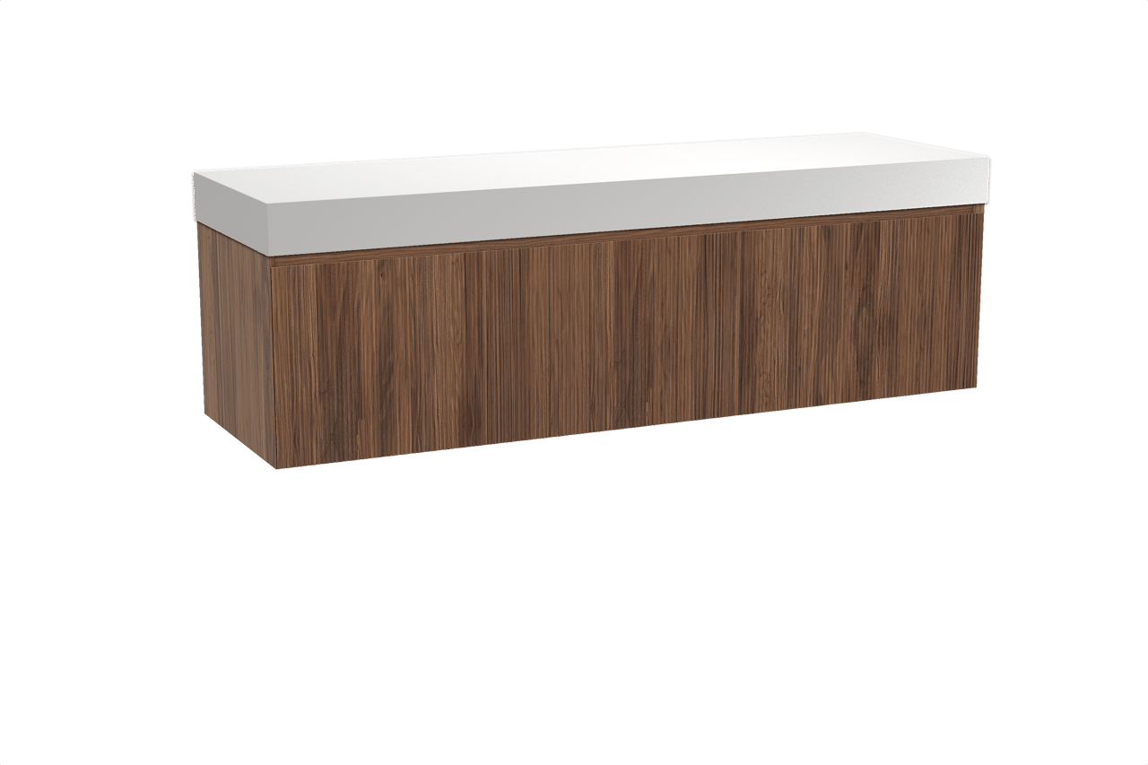 Balmani Fila meuble salle de bains suspendu 180 x 55 cm noyer avec Dominus tablette simple ou double en solid surface blanc mat, Nervure droite symétrique verticale