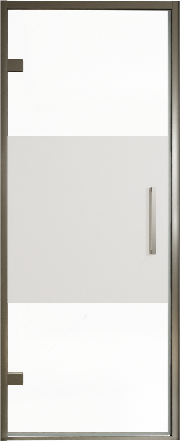 Balmani Senses Design Dusche Drehtür, Links, 90 cm x 210 cm, Klarglas mit mattiertem Streifen, Profil Brushed GunMetal