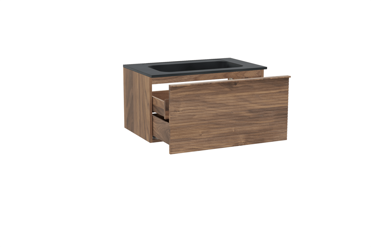 Balmani Forma zwevend badkamermeubel 90 x 55 cm amerikaanse notelaar met Tablo Strada enkele wastafel in composietmarmer mat zwart, Horizontale symmetrische rechte ribbel