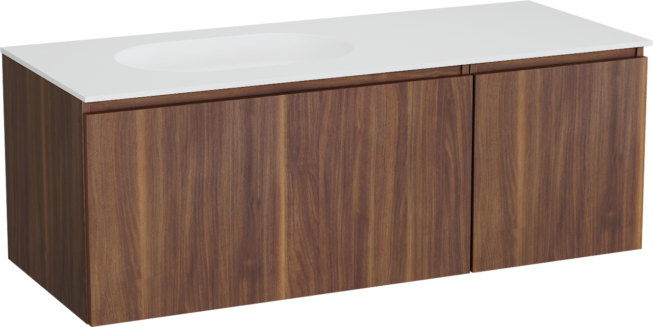 Balmani Sfera hängendes Möbelstück Set: 135 x 55 cm, Amerikanischer Nussbaum, mit Tablo Oval Waschtisch links, Solid Surface Weiß matt