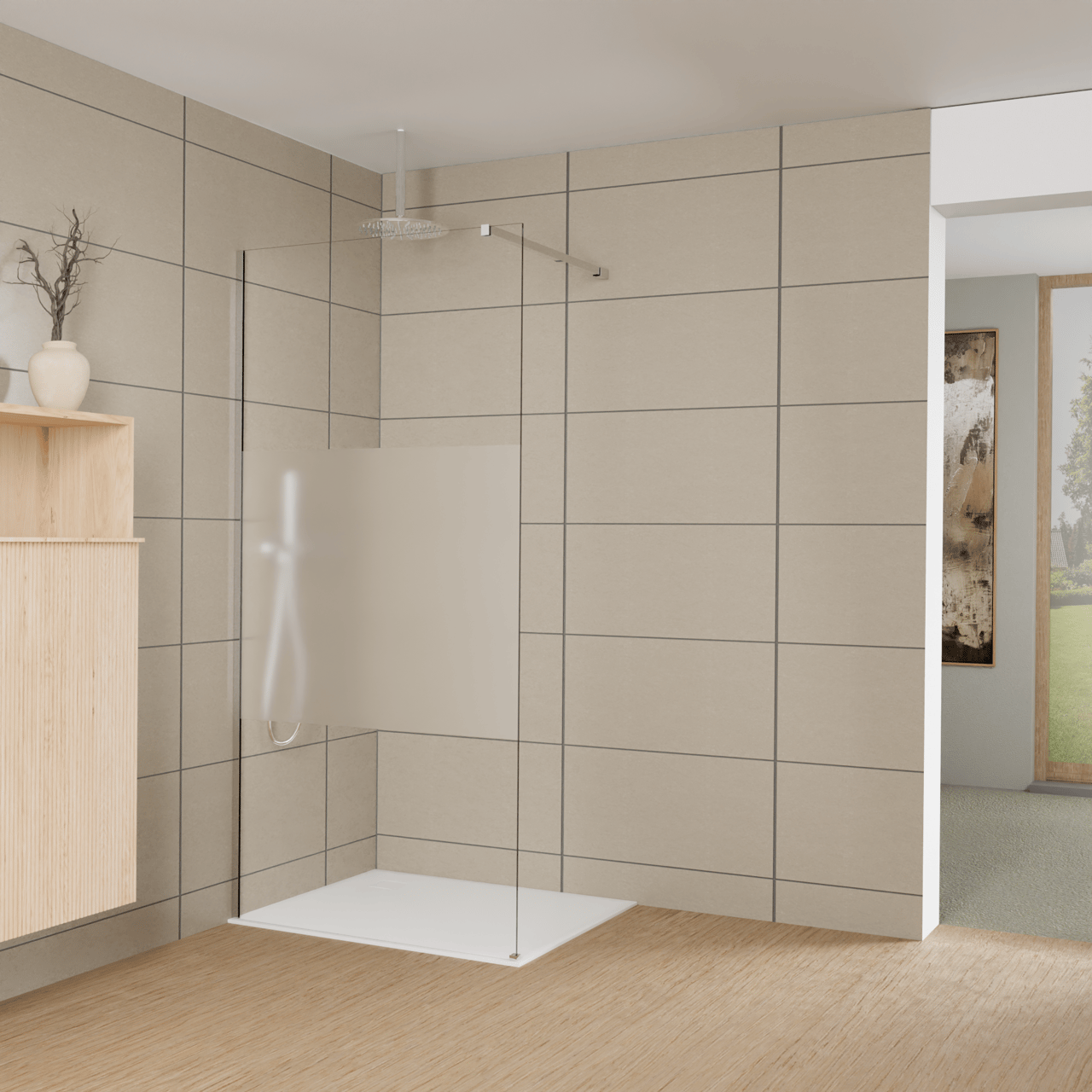 Balmani Modular Walk-In Dusche: 100 x 200 cm, Klarglas mit mattiertem Streifen, Profil Chrom glänzend