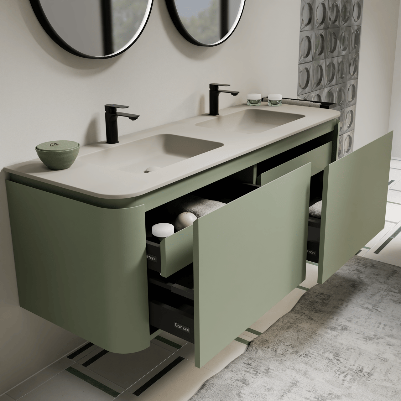 Balmani Moon hängendes Möbelstück Set: 160 x 55 cm, Salbeigrün, mit Moon Doppelwaschtisch, Top Solid Seidengrau