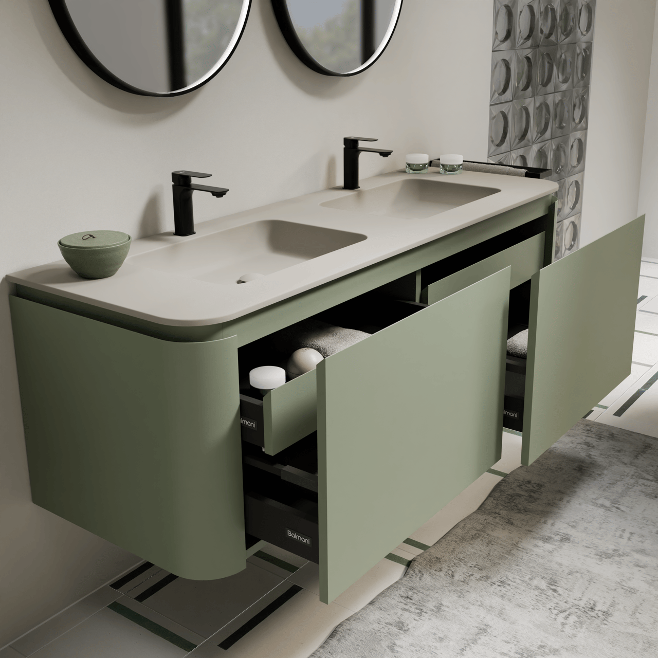 Balmani Moon meuble salle de bains suspendu 160 x 55 cm vert sauge avec Moon double vasque en top solid soie grise