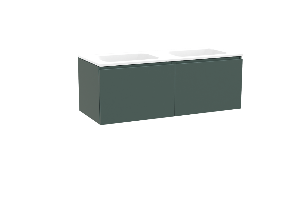 Balmani Sfera hängendes Möbelstück Set: 135 x 55 cm, Forest, mit Tablo Strada Doppelwaschtisch, Marmorkomposit Weiß matt