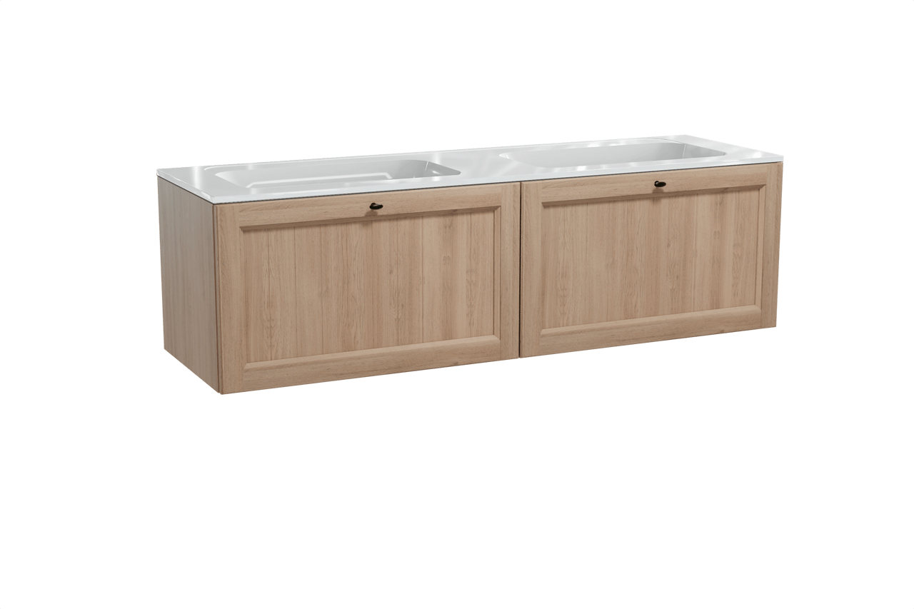 Balmani Lemon hängendes Möbelstück Set: 180 x 55 cm, Verwitterte Eiche, mit Tablo Strada Doppelwaschtisch, Marmorkomposit Weiß glänzend