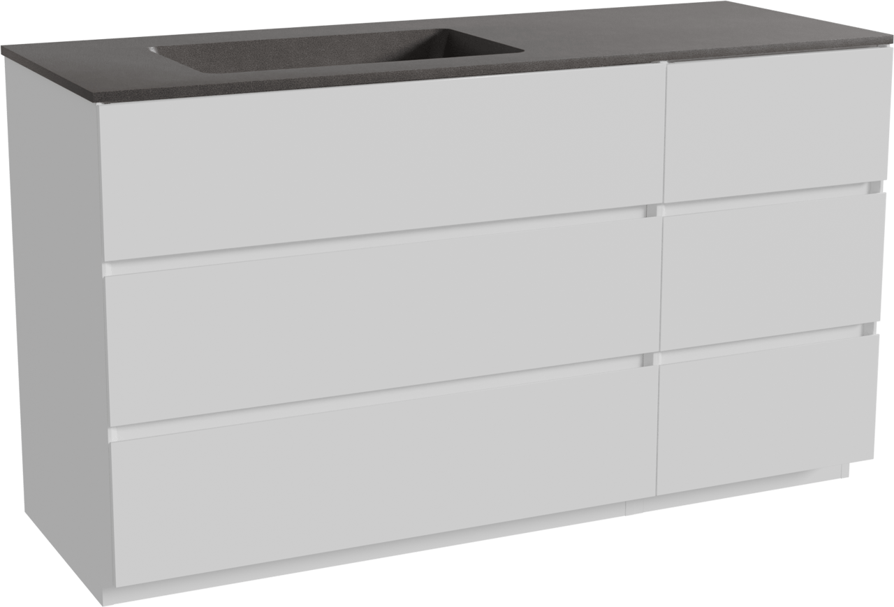 Storke Edge staand badmeubel 140 x 52 cm mat wit met Scuro asymmetrisch linkse wastafel in kwarts mat zwart