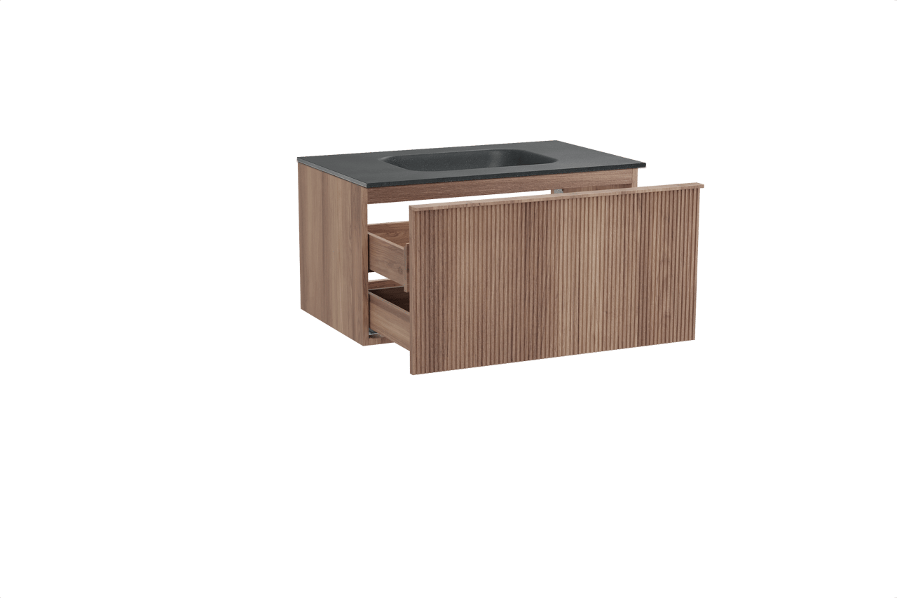 Balmani Forma hängendes Möbelstück Set: 90 x 55 cm, Teak, mit Tablo Arcato Einzelwaschtisch, Granit, Schwarzes Granit, Vertikale symmetrische gerade Rippe