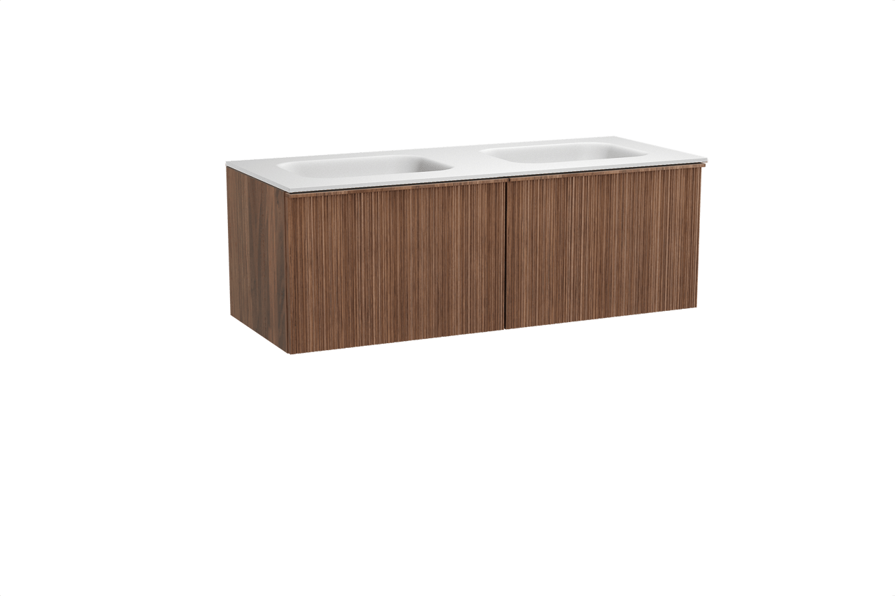 Balmani Forma hängendes Möbelstück Set: 135 x 55 cm, Amerikanischer Nussbaum, mit Tablo Arcato Doppelwaschtisch, Solid Surface, Weiß matt, Vertikale asymmetrische Runde Rippe