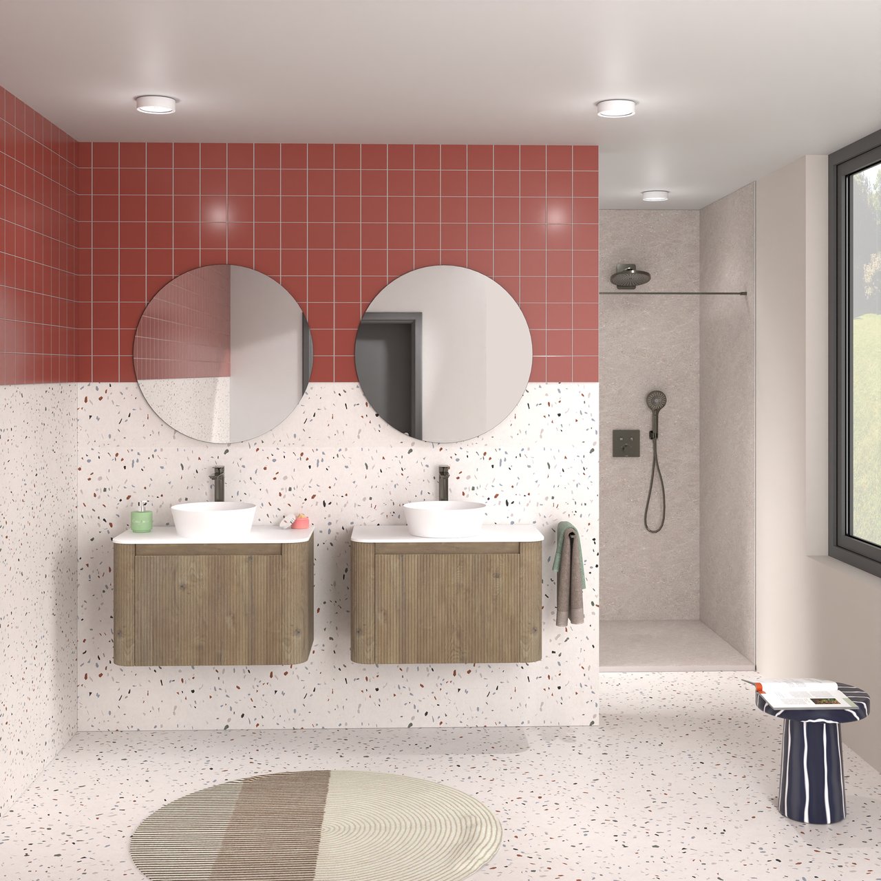 Storke Soft zwevend badkamermeubel 80 x 46 cm ruwe eik met Tavola Soft enkele tablet in solid surface mat wit, Verticale symmetrische rechte ribbel