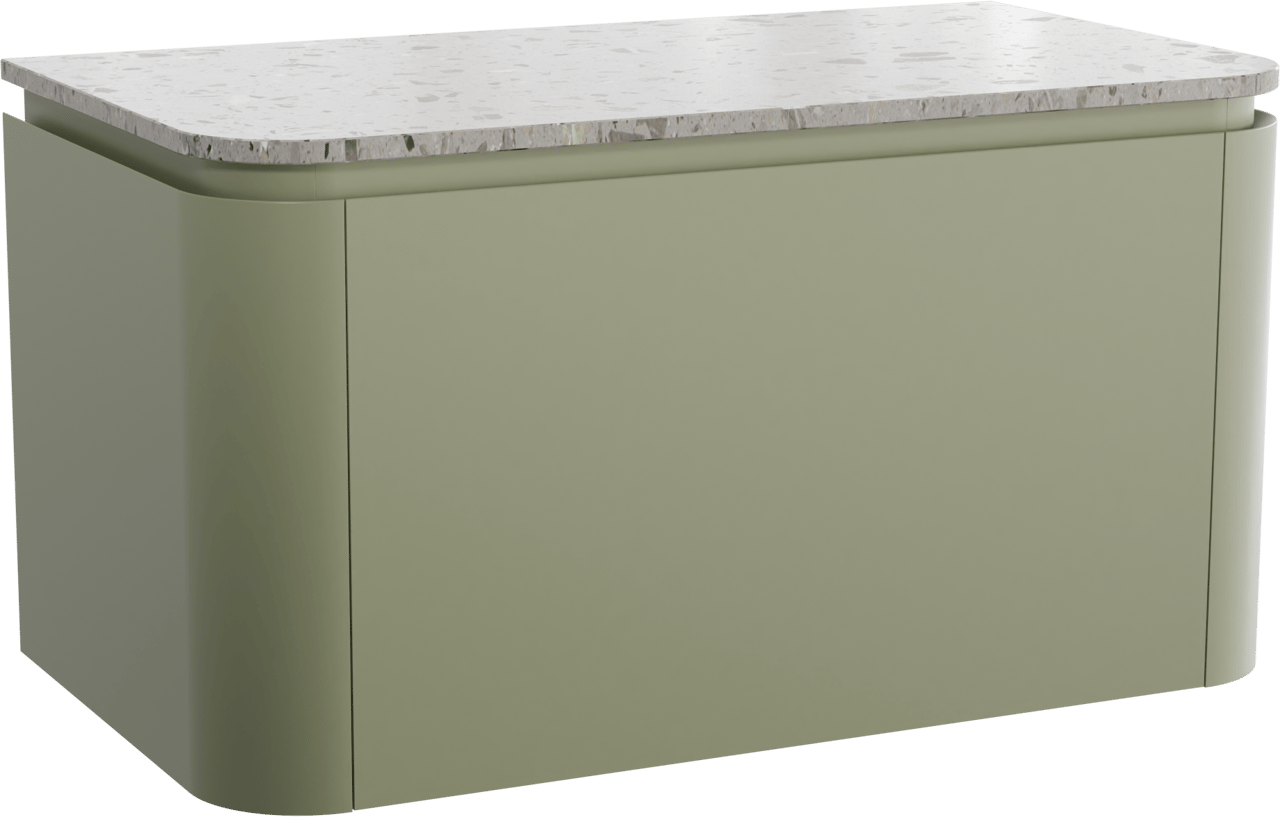 Balmani Moon hängendes Möbelstück Set: 100 x 55 cm, Salbeigrün, mit Moon Einzel Waschtischplatte, Terrazzo in Greige