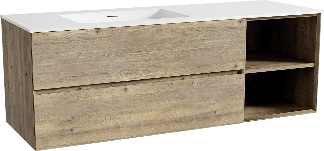 Storke Edge hängendes Möbelstück Set: 150 x 52 cm, Rohe Eiche, mit Mata Waschtisch links, Solid Surface Weiß matt