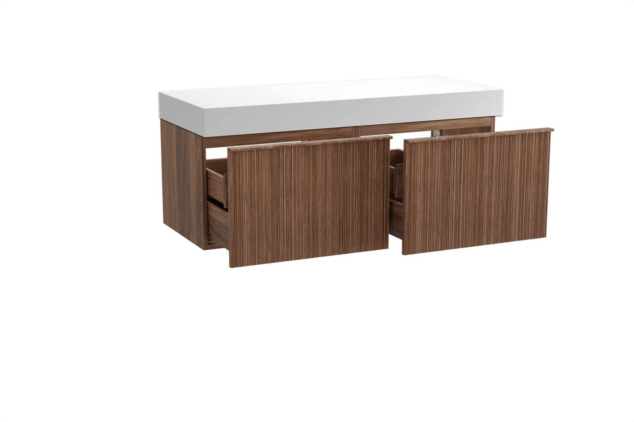 Balmani Forma meuble salle de bains suspendu 135 x 55 cm noyer américain avec Dominus tablette simple ou double en solid surface blanc mat, Nervure circulaire asymétrique verticale