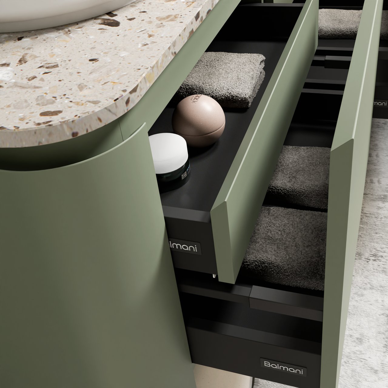 Balmani Moon meuble salle de bains suspendu 160 x 55 cm vert sauge avec Moon tablette simple ou double en terrazzo greige terrazzo