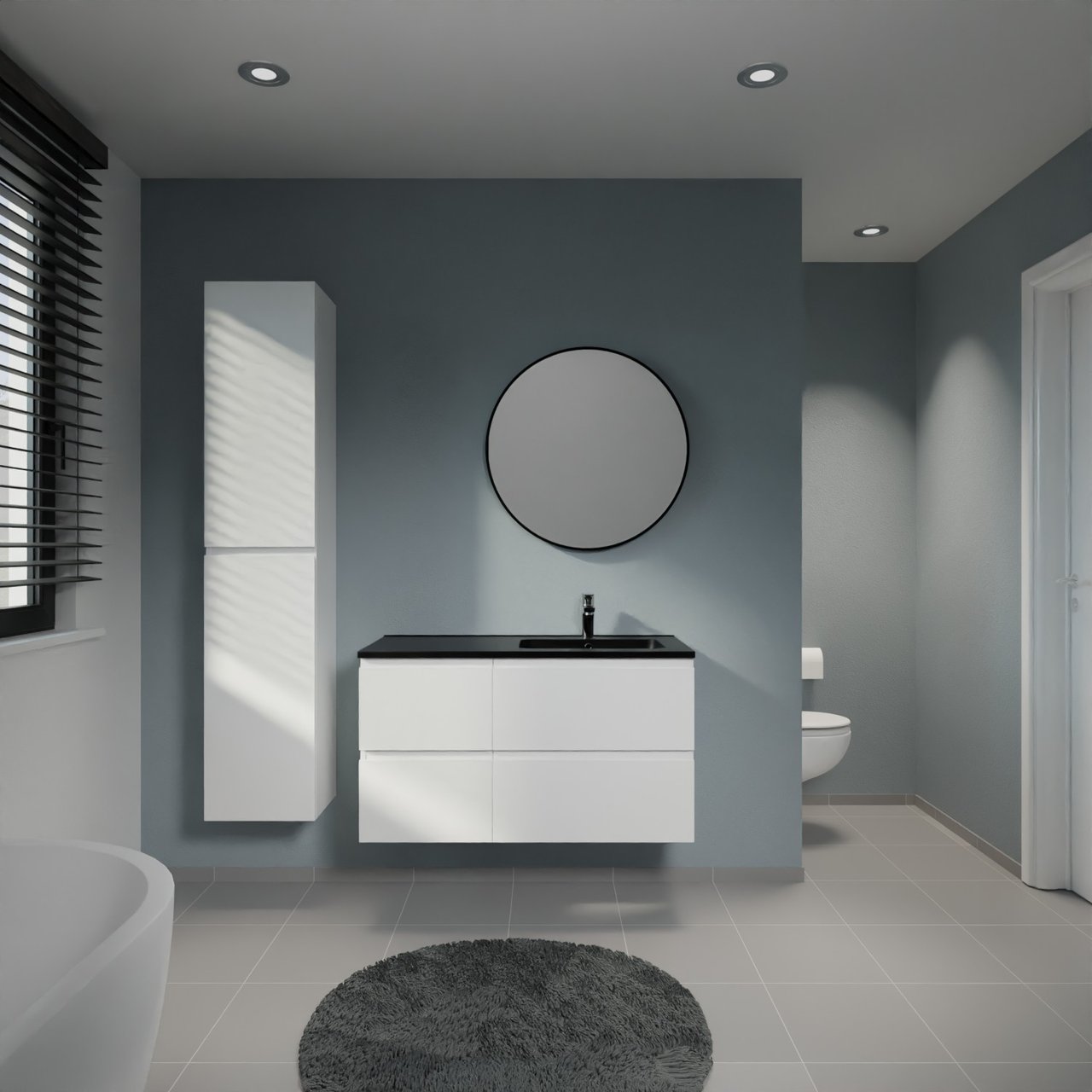 Linie Lado meuble salle de bains suspendu 100 x 46 cm blanc brillant avec Vano vasque asymétrique droite en marbre composite noir mat