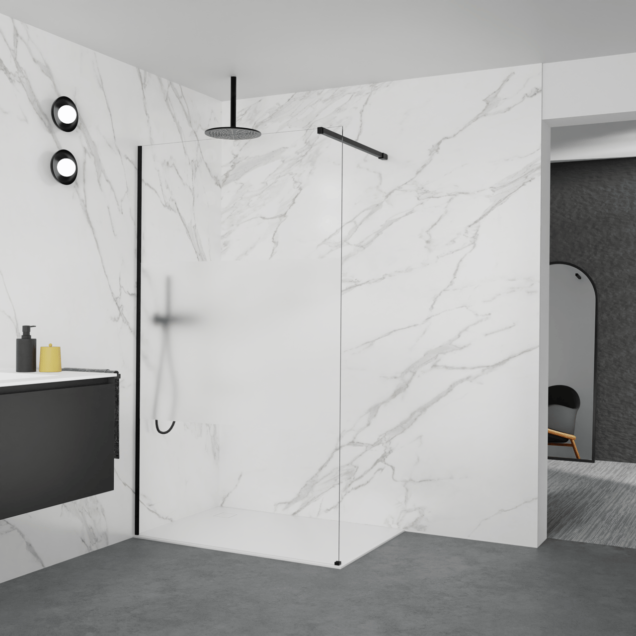 Balmani Modular douche à l'italienne: 120 x 200 cm, Verre transparent avec bande matte, Profil Noir mat