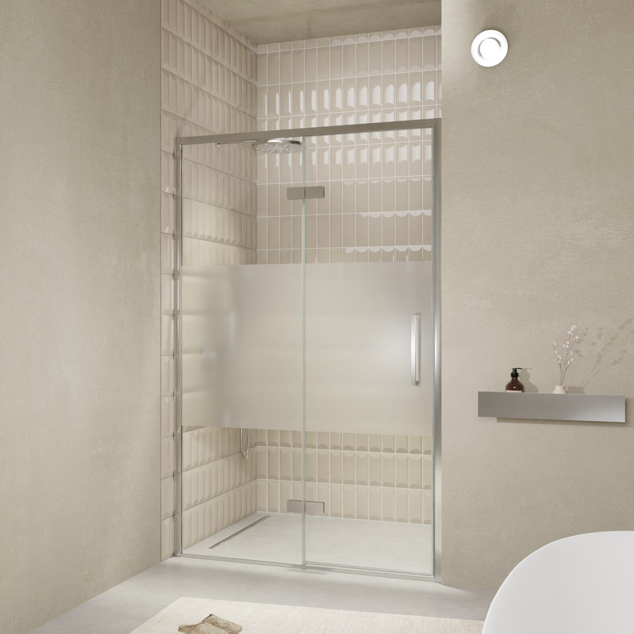 Balmani Senses Design Dusche Drehtür, Links, 140 cm x 210 cm, Klarglas mit mattiertem Streifen, Profil Chrom