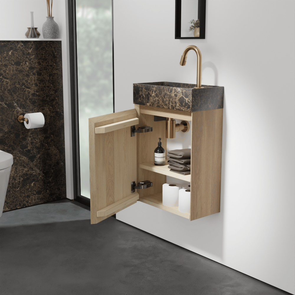 Balmani Mitra meuble wc suspendu 42 x 21 cm chêne naturel avec Dama lavabo en marbre Dark Emperador