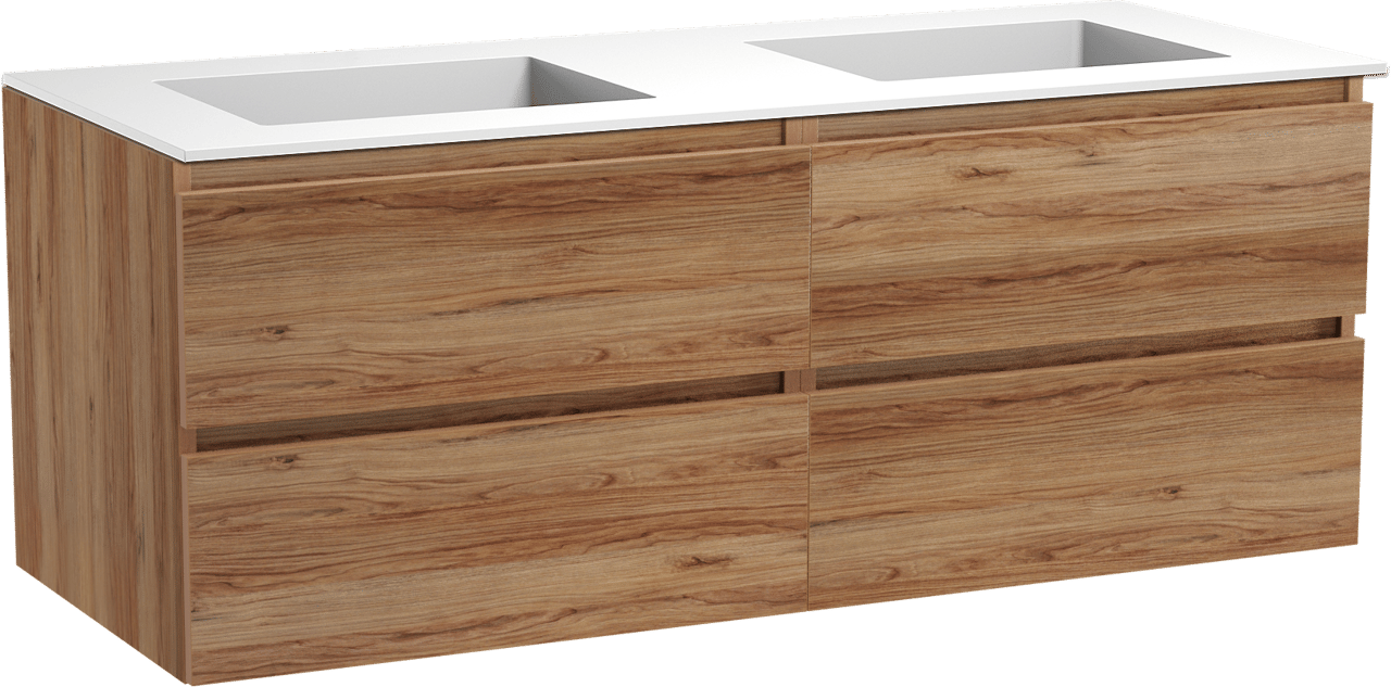 Balmani Lucida meuble salle de bains suspendu 135 x 55 cm teck avec Tablo Stretto double vasque en solid surface blanc mat