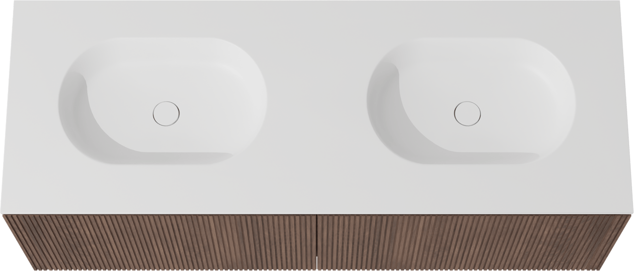 Balmani Eclips hängendes Möbelstück Set: 150 x 55 cm, Amerikanischer Nussbaum, mit Tablo Oval Doppelwaschtisch Solid Surface Weiβ matt, Vertikale symmetrische gerade Rippe