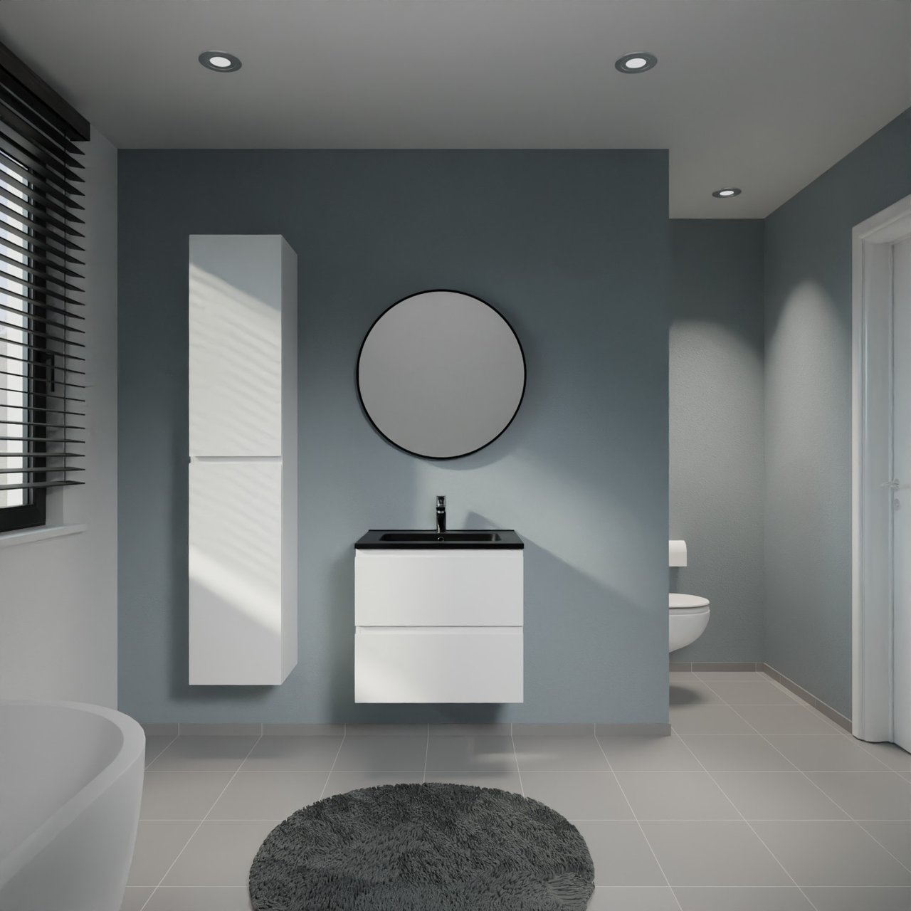 Linie Lado zwevend badkamermeubel 60 x 46 cm mat wit met Vano enkele wastafel in composietmarmer mat zwart