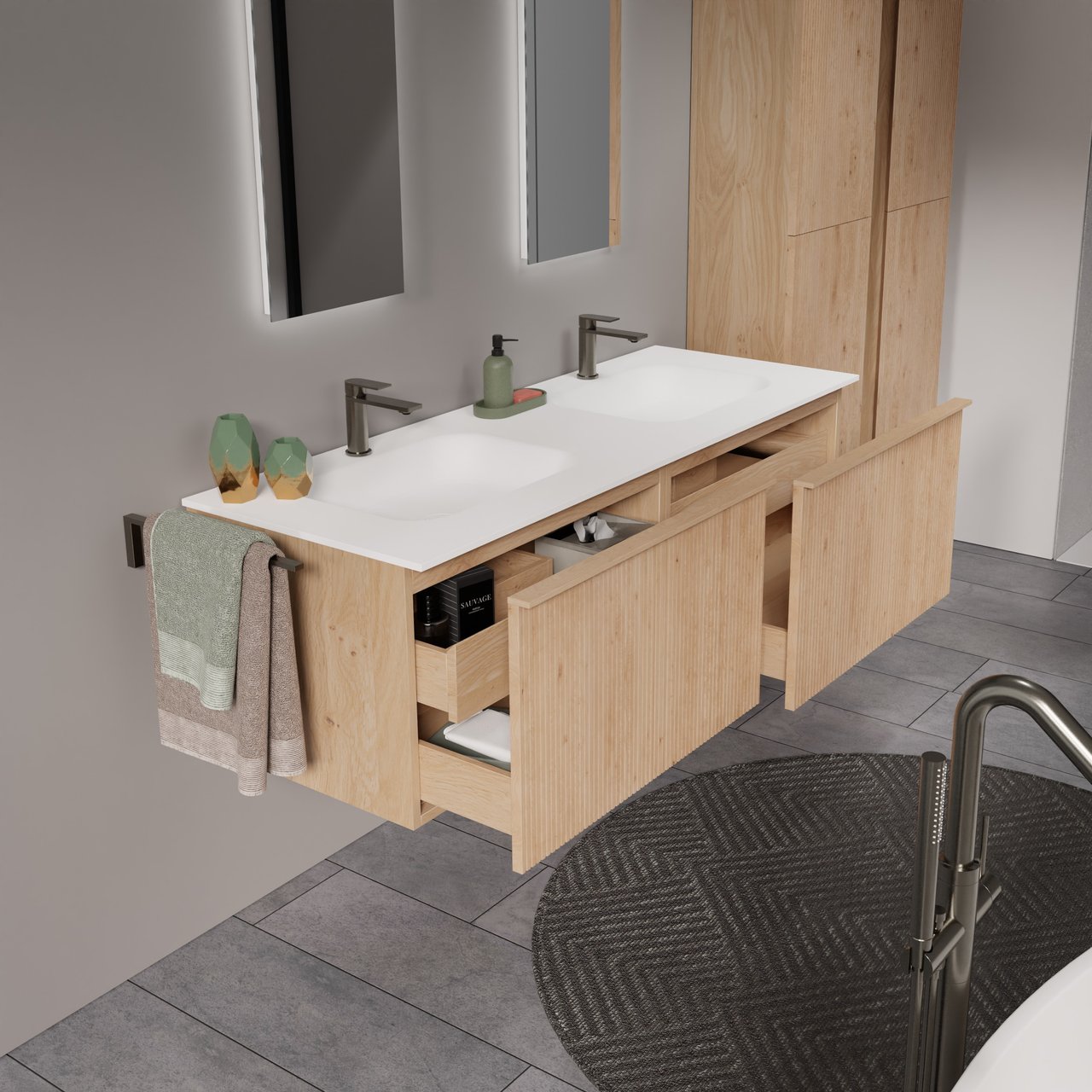 Balmani Forma meuble salle de bains suspendu 150 x 55 cm chêne naturel avec Tablo Arcato double vasque en solid surface blanc mat, Nervure droite symétrique verticale