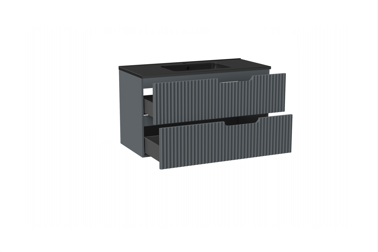 Linie Ribbo zwevend badkamermeubel 100 x 46 cm blauw antraciet met Vano enkele wastafel in composietmarmer mat zwart, Verticale symmetrische ronde ribbel