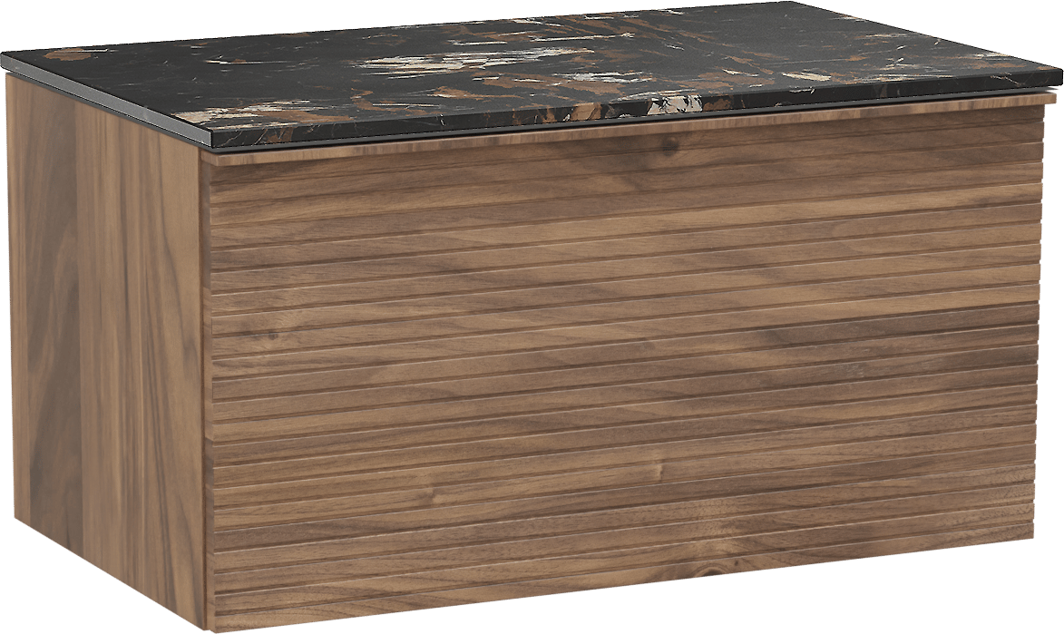 Balmani Forma hängendes Möbelstück Set: 90 x 55 cm, Amerikanischer Nussbaum, mit Stretto Einzel Waschtischplatte, Marmor, Portoro Gold, Horizontale symmetrische gerade Rippe