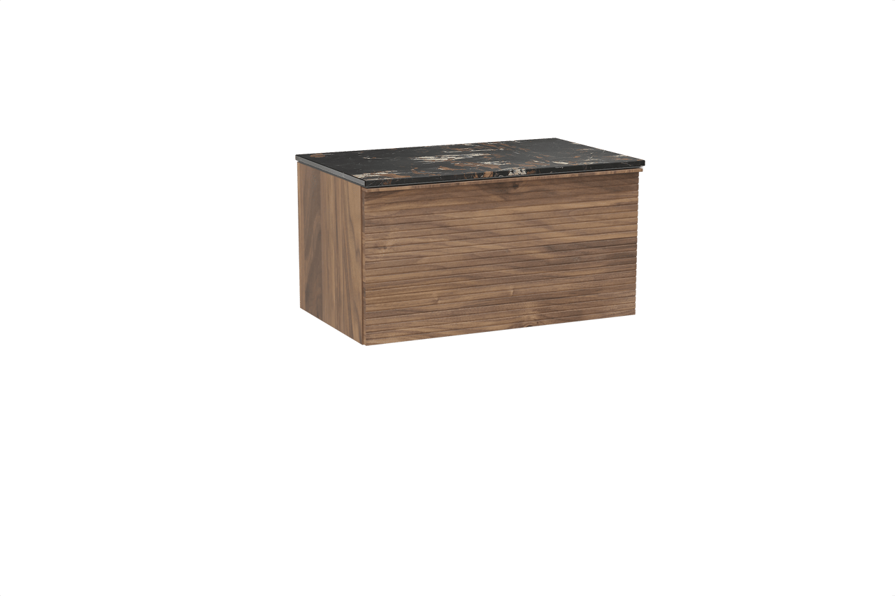 Balmani Forma meuble salle de bains suspendu 90 x 55 cm noyer américain avec Stretto tablette simple en marbre portoro gold, Nervure droite symétrique horizontale