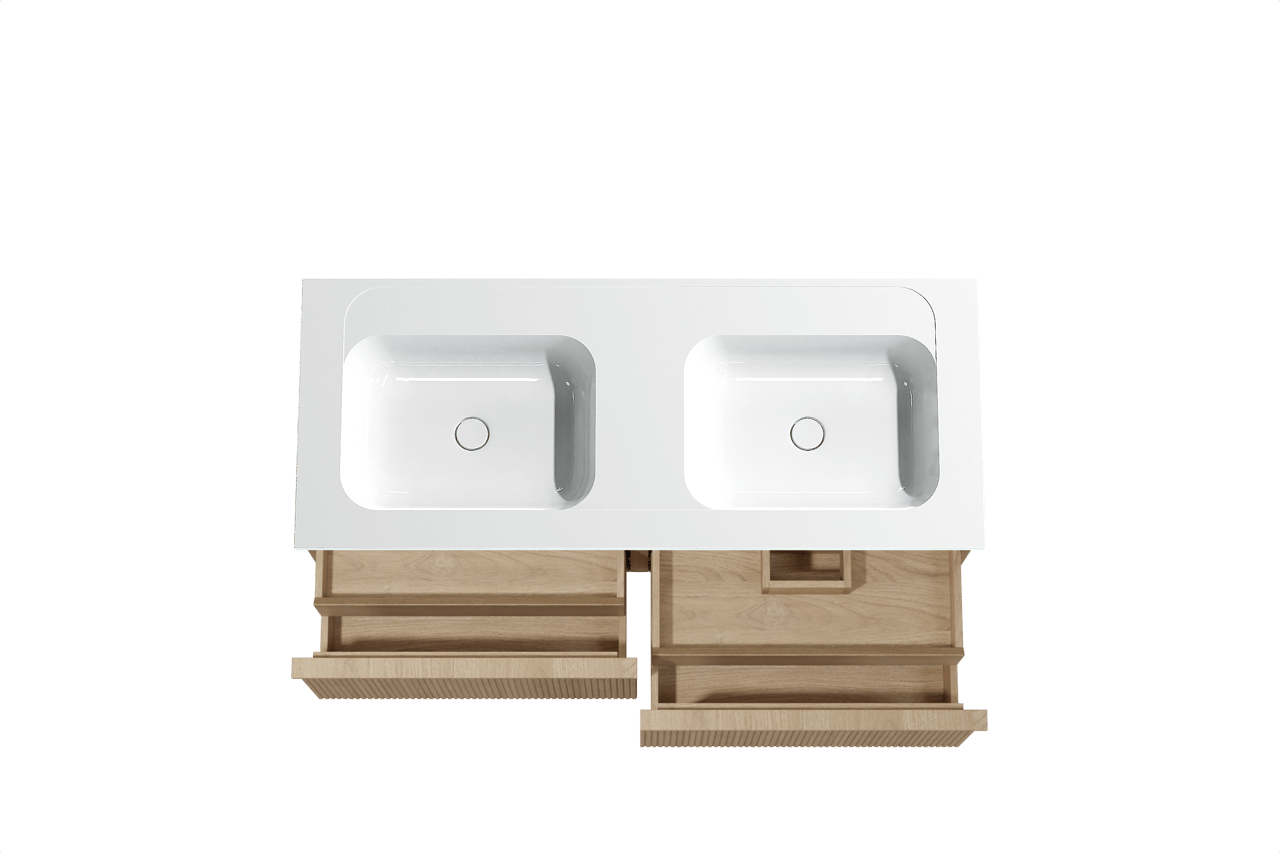 Balmani Forma zwevend badkamermeubel 135 x 55 cm natuur eik met Tablo Strada dubbele wastafel in composietmarmer glanzend wit, Verticale symmetrische rechte ribbel