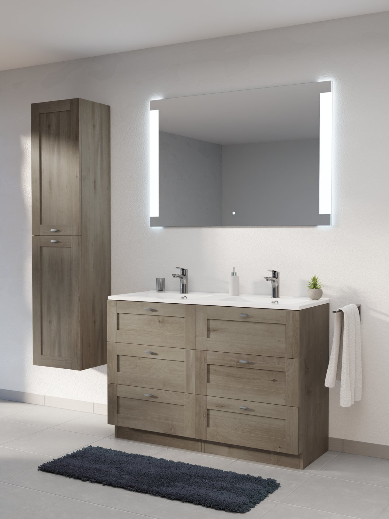 Linie Classo meuble salle de bains à poser 120 x 46 cm chêne gris avec Vano double vasque en marbre composite blanc brillant