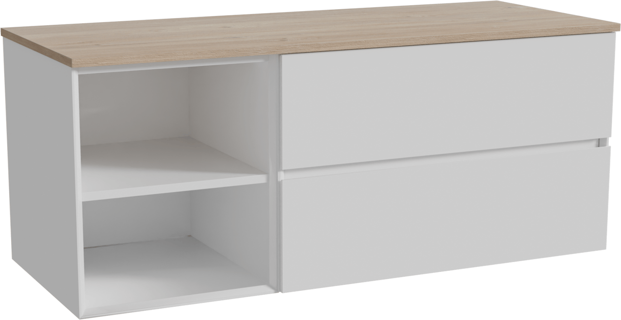 Storke Edge meuble salle de bains suspendu 130 x 52 cm blanc brillant avec Panton tablette simple ou double en mélaminé chêne brut