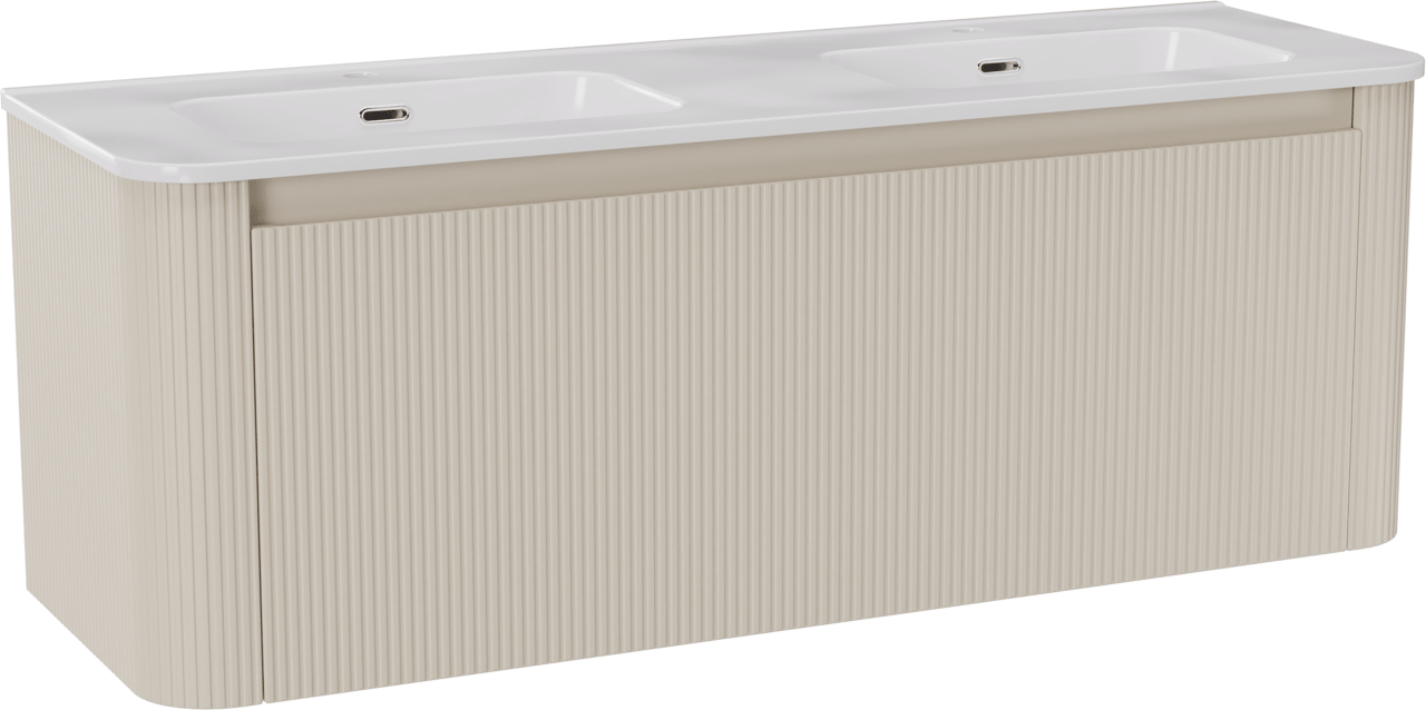 Storke Soft meuble salle de bains suspendu 140 x 46 cm Sand mat avec Kera Soft double vasque en porcelaine blanc brillant, Nervure droite symétrique verticale