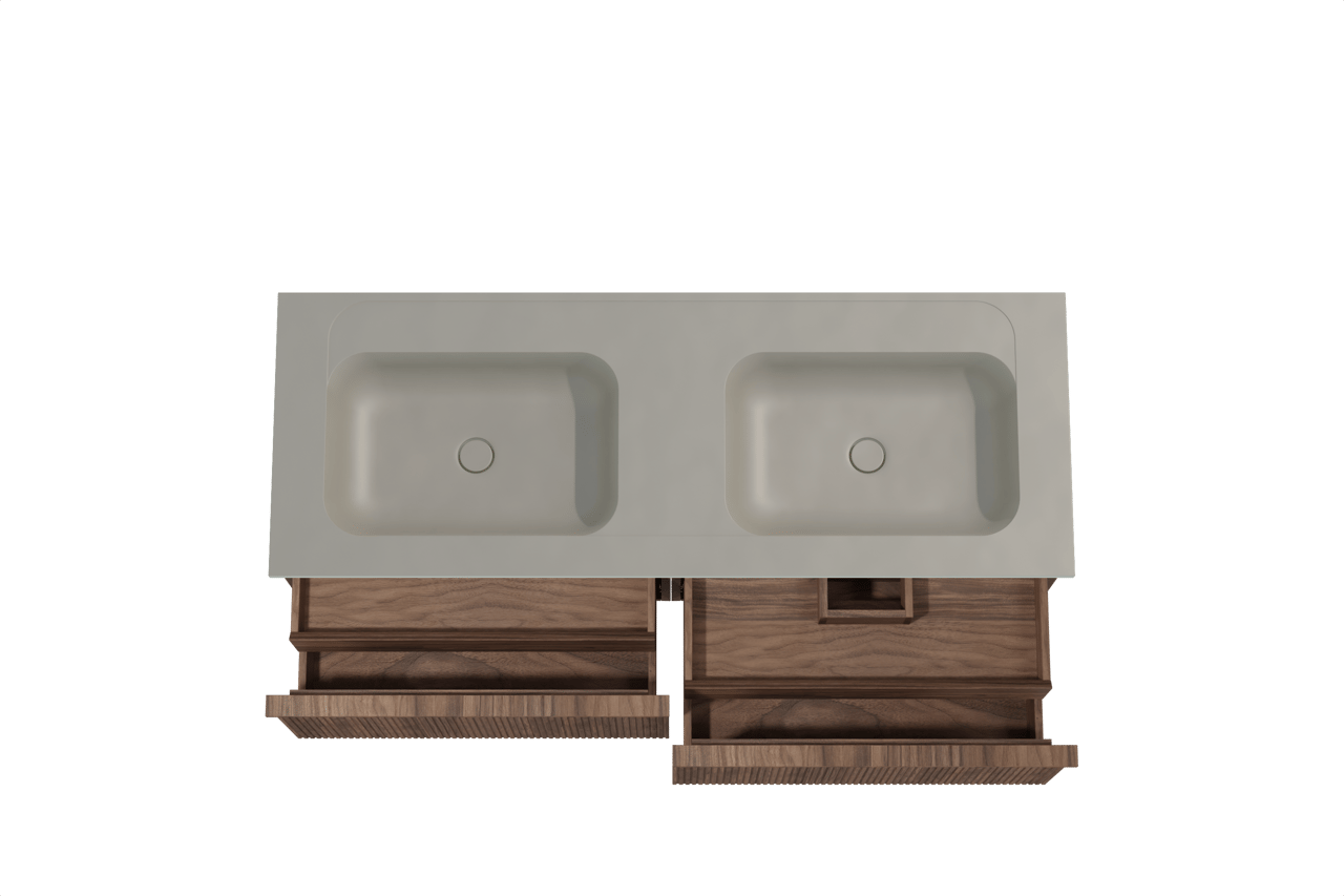 Balmani Forma zwevend badkamermeubel 150 x 55 cm amerikaanse notelaar met Tablo Strada dubbele wastafel in composietmarmer zijdegrijs, Verticale symmetrische rechte ribbel