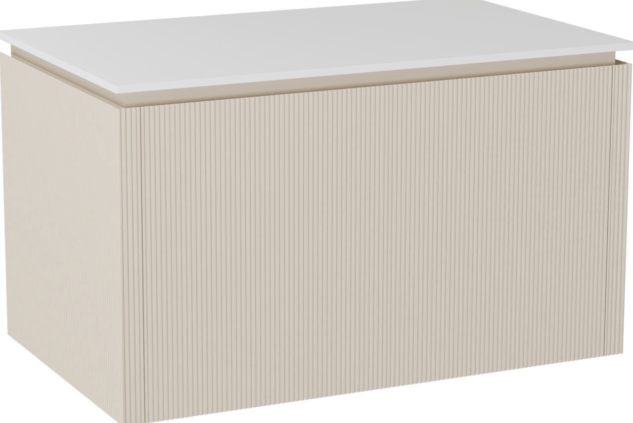 Balmani Eclips meuble salle de bains suspendu 90 x 55 cm Sandbeige avec Stretto tablette simple en Solid Surface blanc mat, Nervure droite symétrique verticale