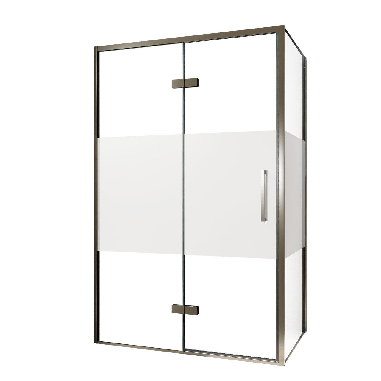 Balmani Senses Design Eckdusche: Drehtür (Links) mit fixierte Seitenwand, 120 x 100 cm, Klarglas mit mattiertem Streifen, Profil Brushed GunMetal, inklusive Coating