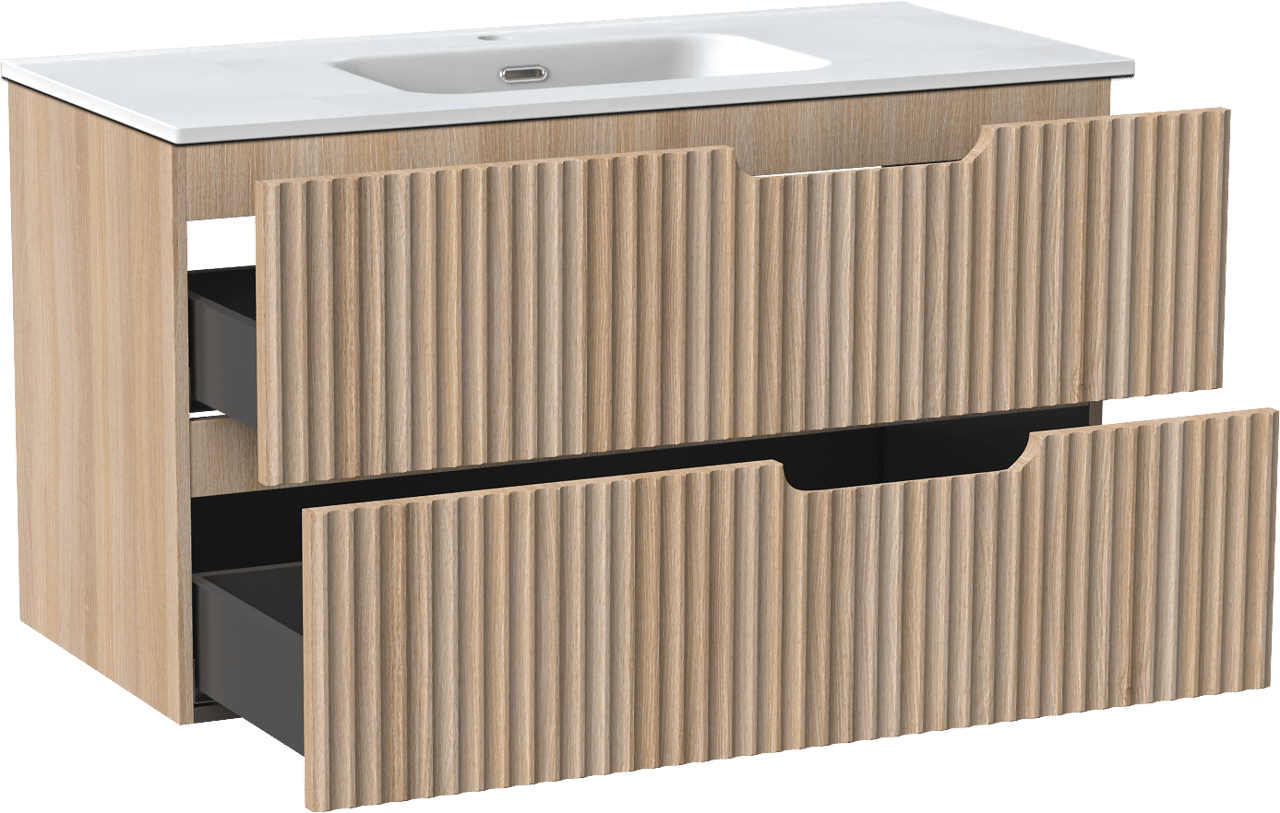 Linie Ribbo meuble salle de bains suspendu 100 x 46 cm chêne clair avec Baro plan simple en porcelaine blanc mat, Nervure circulaire symétrique verticale