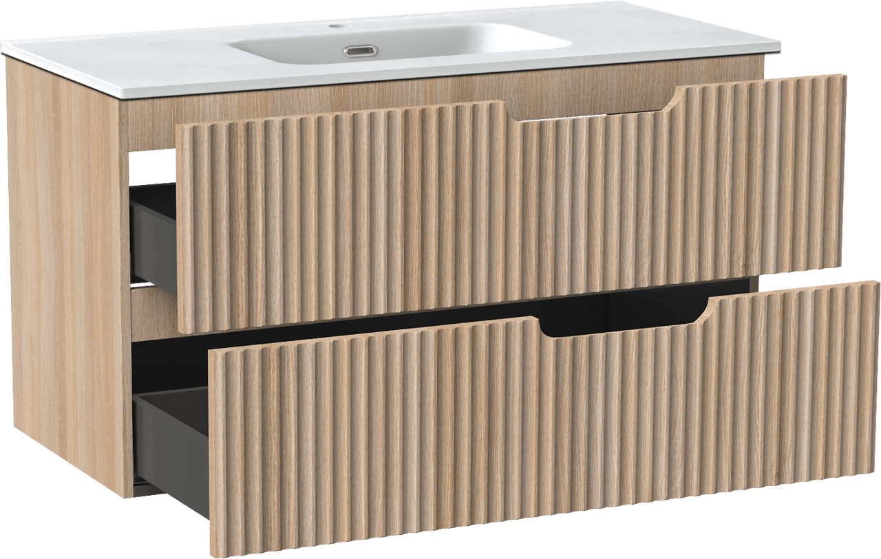 Linie Ribbo meuble salle de bains suspendu 100 x 46 cm chêne clair avec Baro plan simple en porcelaine blanc mat, Nervure circulaire symétrique verticale